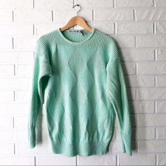 Vintage hand loomed argyle mint green knit grandma sweater M - Picture 3 of 9